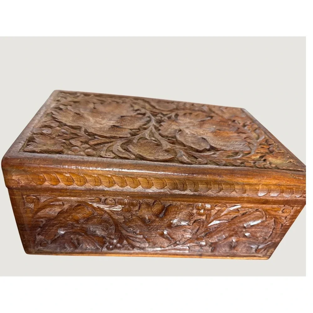 Vintage Hand Carved Floral Wooden Jewelry Keepsake Box Red Velvet Made in India